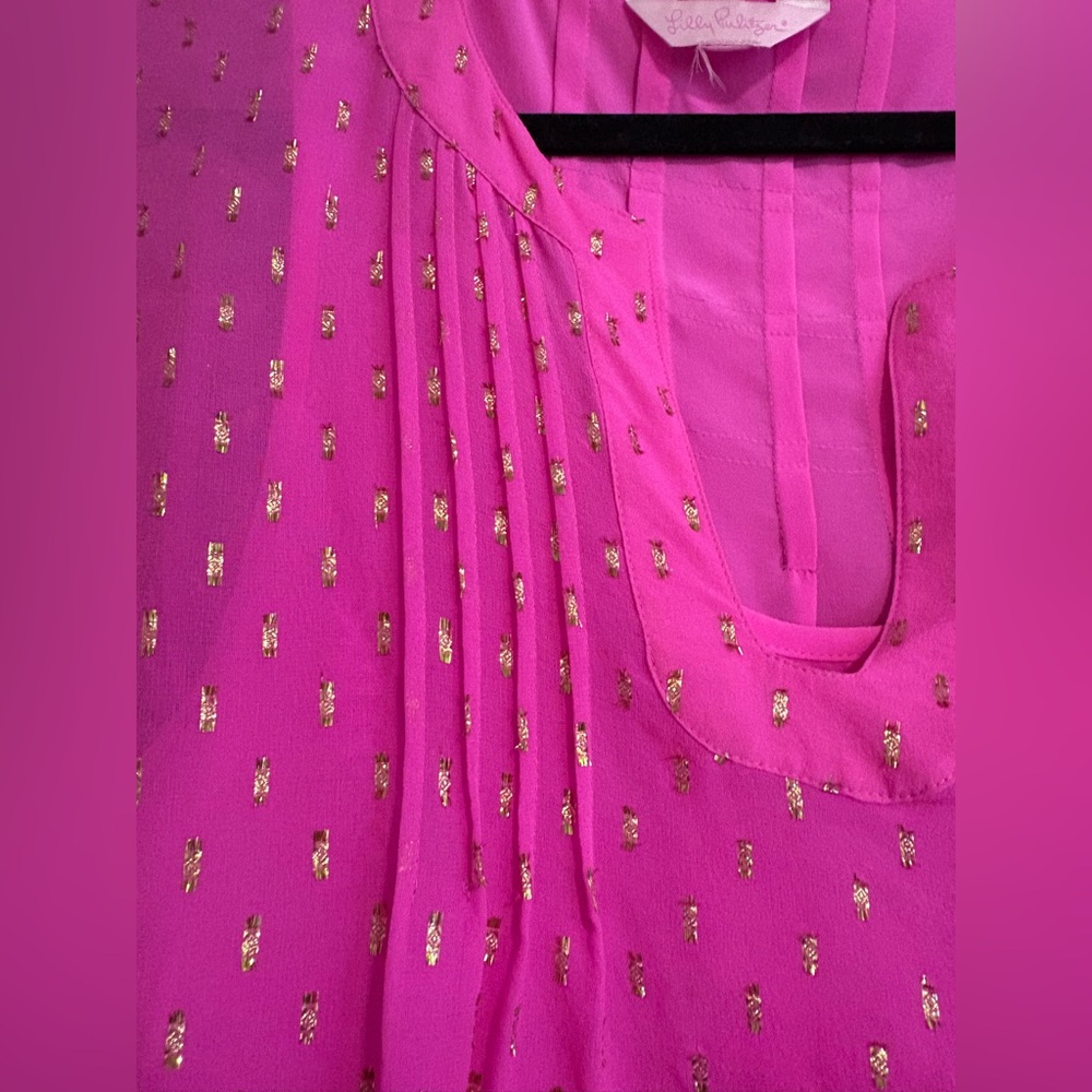 LILLY PULITZER HOT PINK AND METTALLIC GOLD COLBY SILK BLEND BLOUSE TOP L w CAMI - Picture 3 of 11